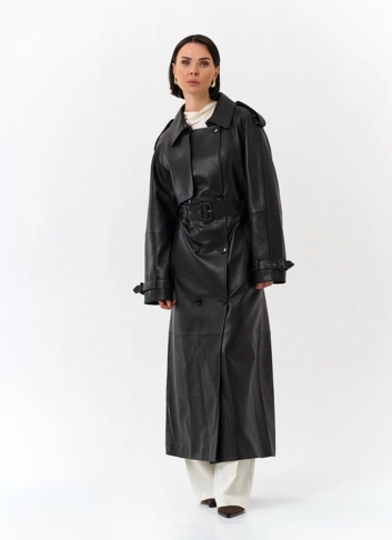 Женский длинный плащ из натуральной кожи фото