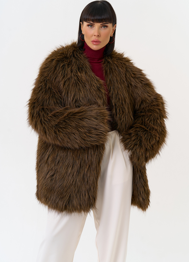 Женская шуба из эко меха с декоративным поясом модель № 31263 универмаг малина