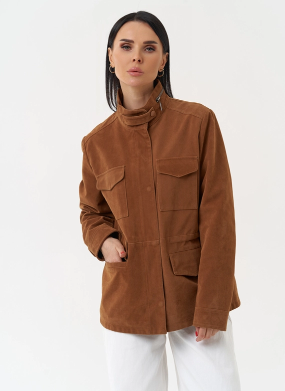 Женская парка из эко замши коричневого цвета 