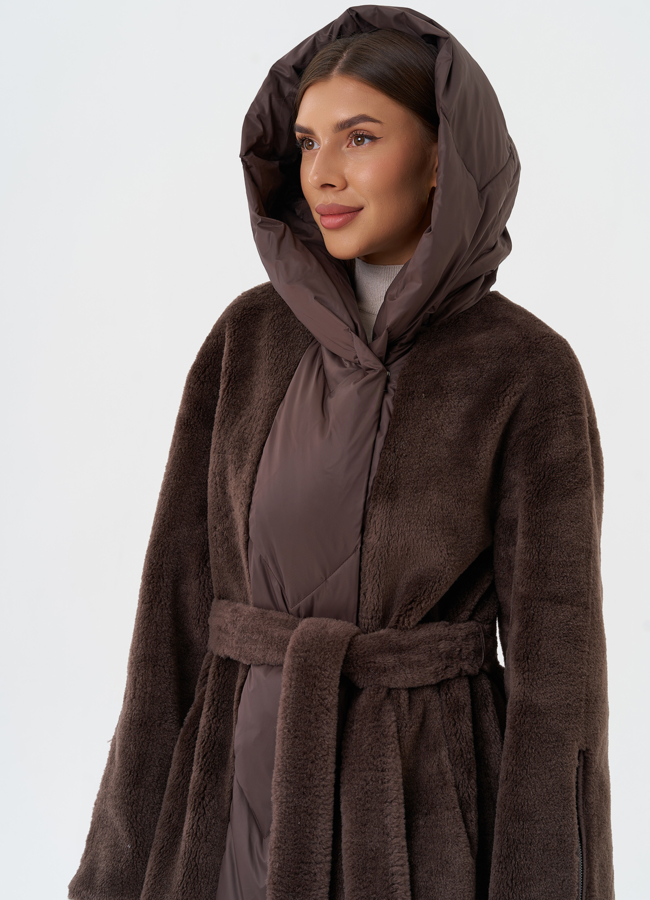 Комбинированное пальто на утеплении с капюшоном модель № 28538 универмаг малина