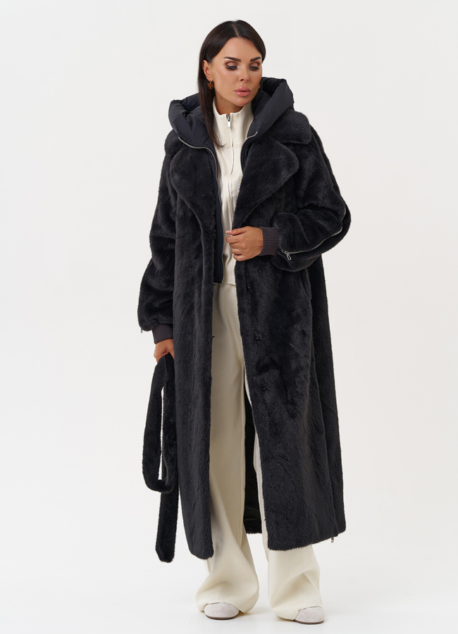 Длинная женская шуба из эко меха в цвете графит модель № 31236 универмаг малина