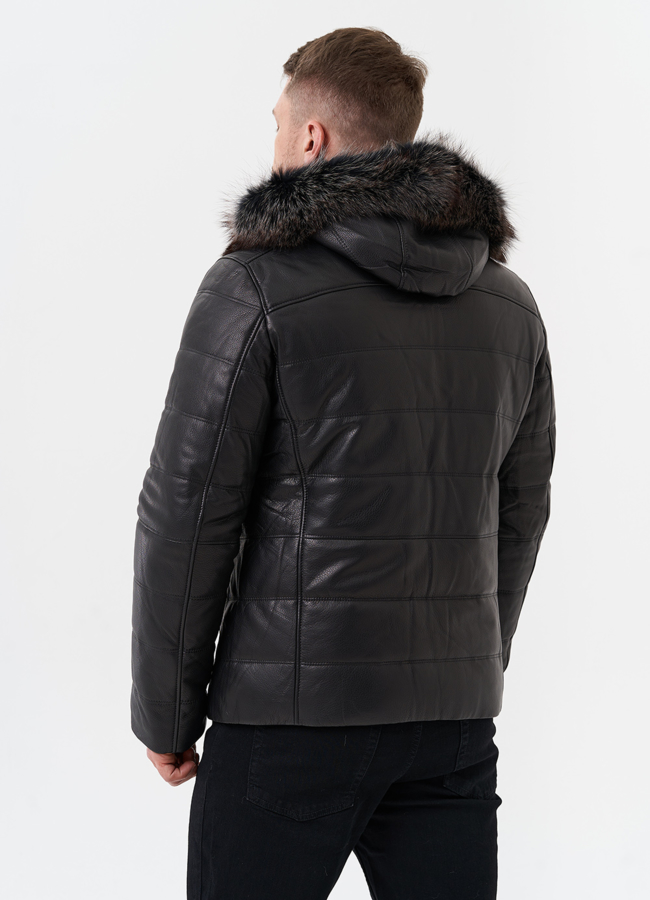 фото Пуховик из натуральной кожи с капюшоном из меха енота модель № 25455