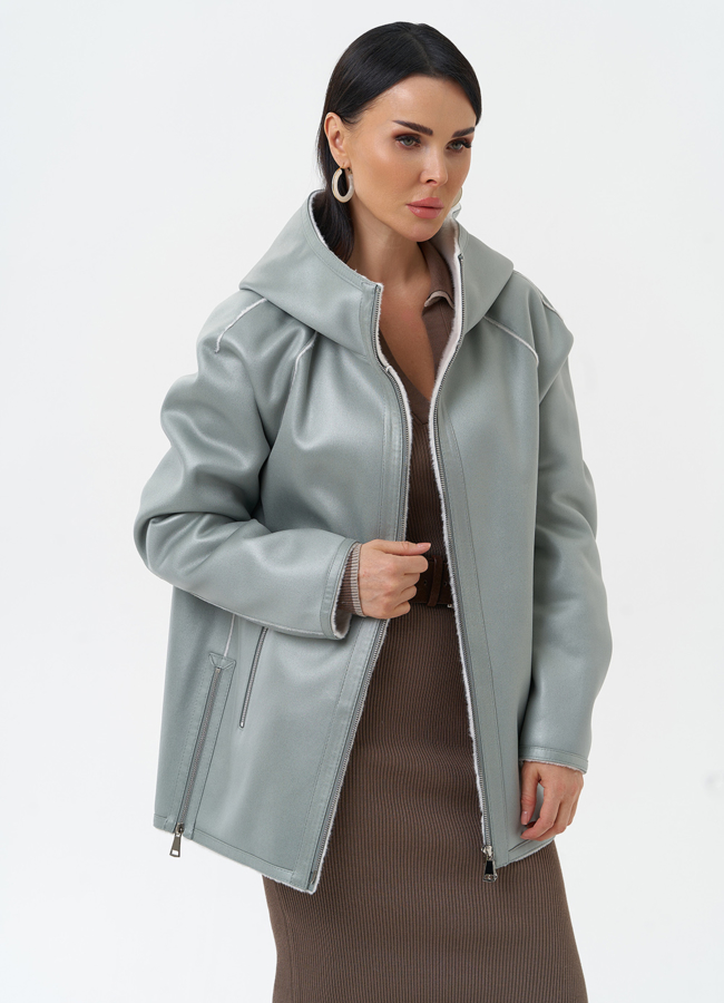 Женская дубленка из эко замши с капюшоном модель № 30204 универмаг малина