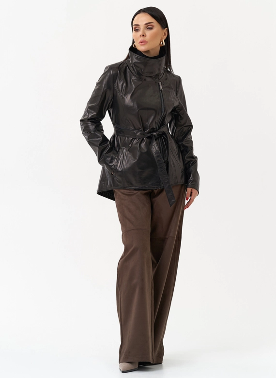 Удлиненная куртка из натуральной кожи с поясом