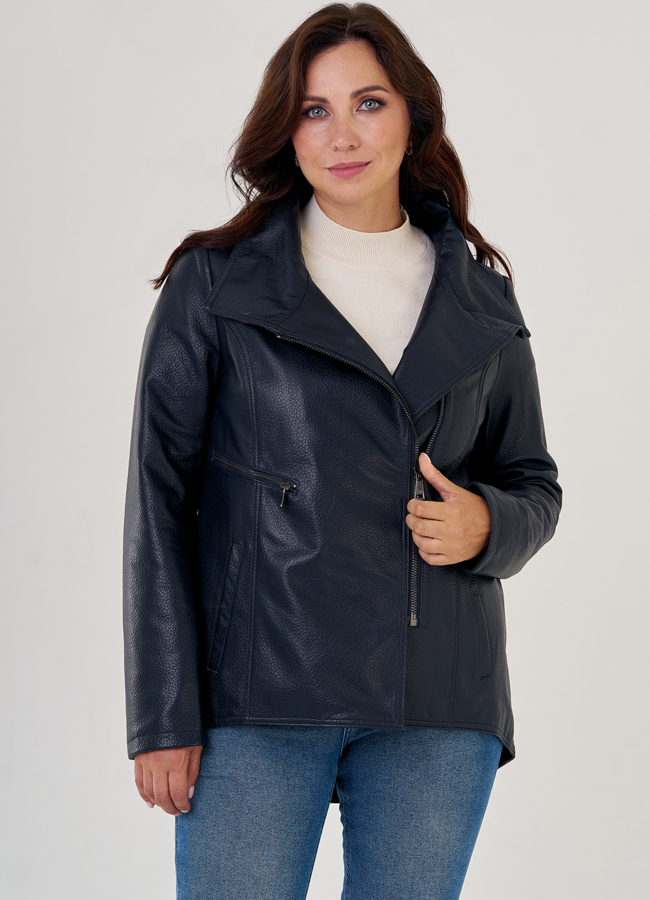 Кожаная куртка на молнии темно-синего цвета  модель № 10862 универмаг малина
