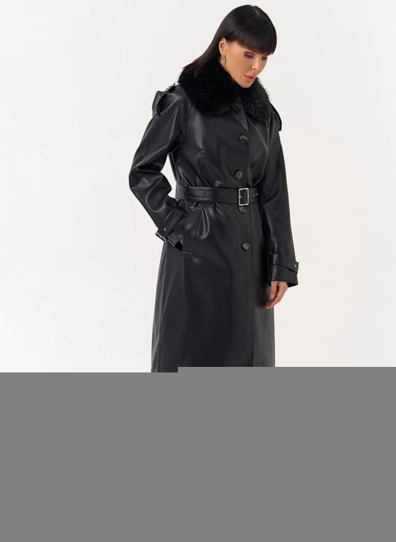 Женское утепленное пальто из экокожи с воротником из эко меха фото
