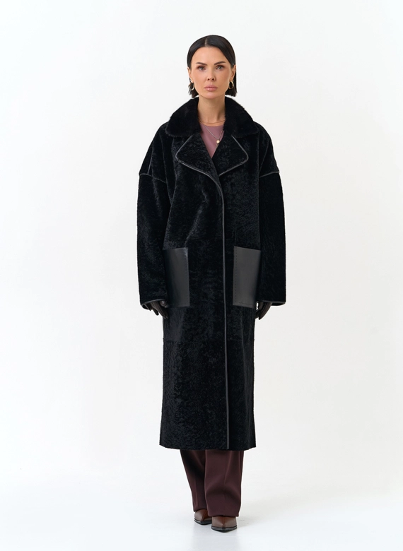 Женская двухсторонняя дубленка с английским воротником фото