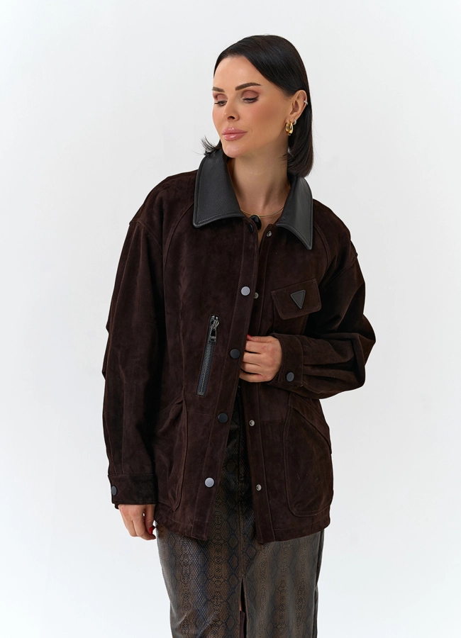 Женская куртка из натуральной замши модель № 32526 меха малина