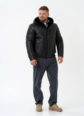 Мужской пуховик из натуральной кожи с капюшоном