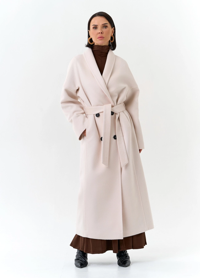 Женское пальто с воротником шаль модель № 32726 меха малина