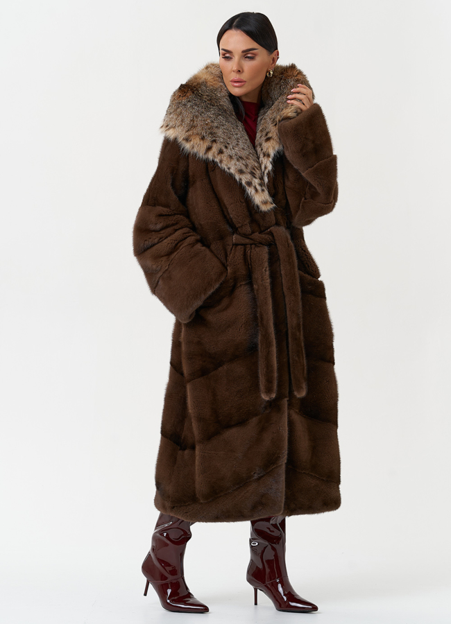 Женская шуба из меха норки с капюшоном из меха рыси модель № 31159 универмаг малина