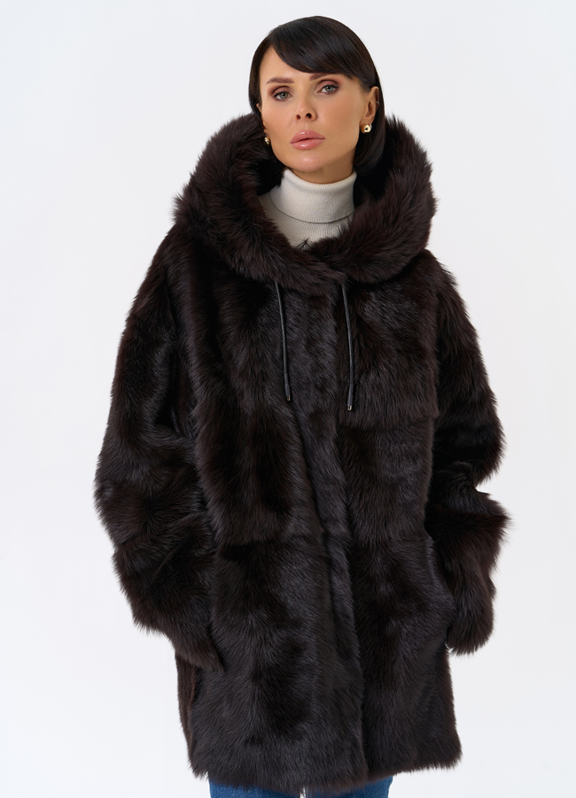 Женская двухсторонняя дубленка с капюшоном модель № 31851 универмаг малина