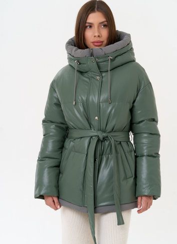 Женский пуховик из эко кожи с поясом