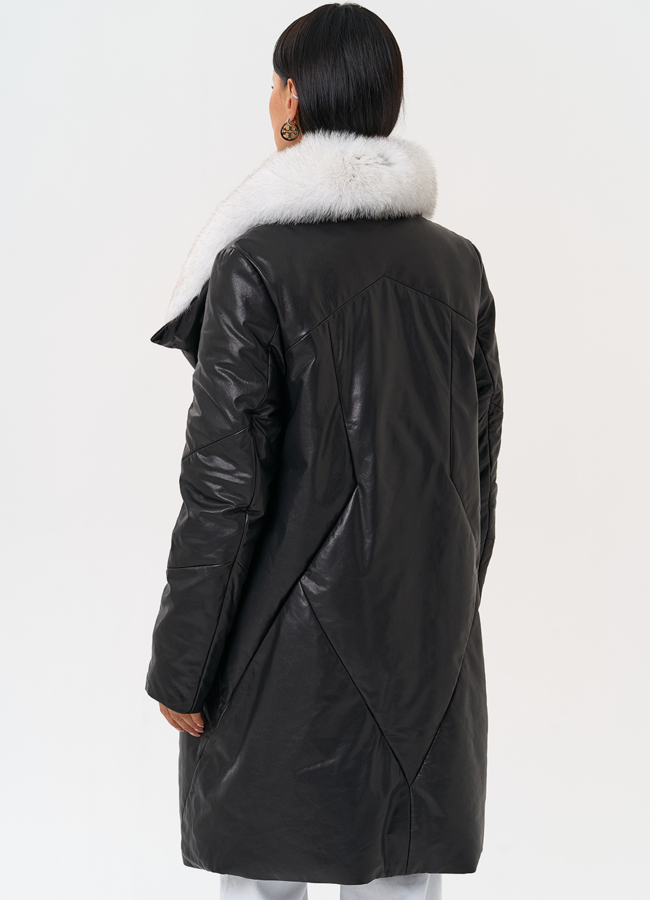 Пуховик из натуральной кожи с меховым воротником модель № 31370 в кредит