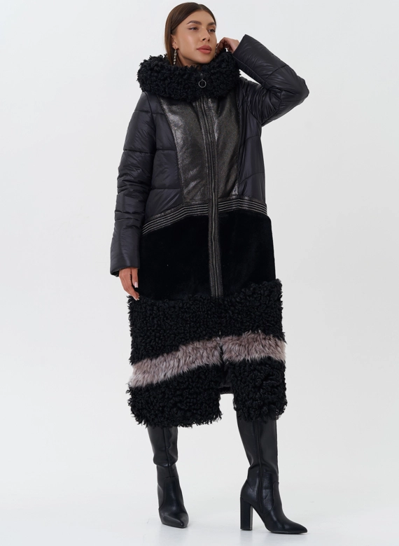 Комбинированный пуховик с капюшоном фото