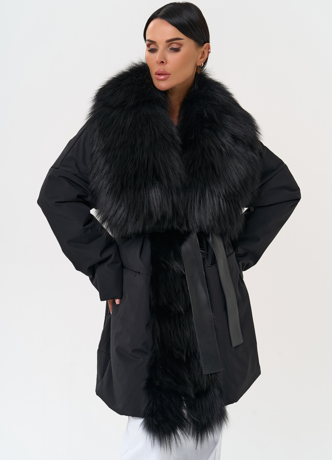 Женское зимнее полупальто черного цвета с мехом лисы модель № 31406 универмаг малина