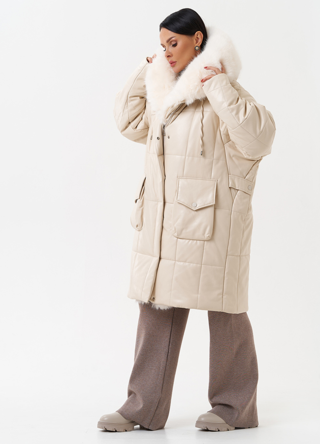 Пуховик из эко кожи с капюшоном из эко меха  модель № 27711 в рассрочку