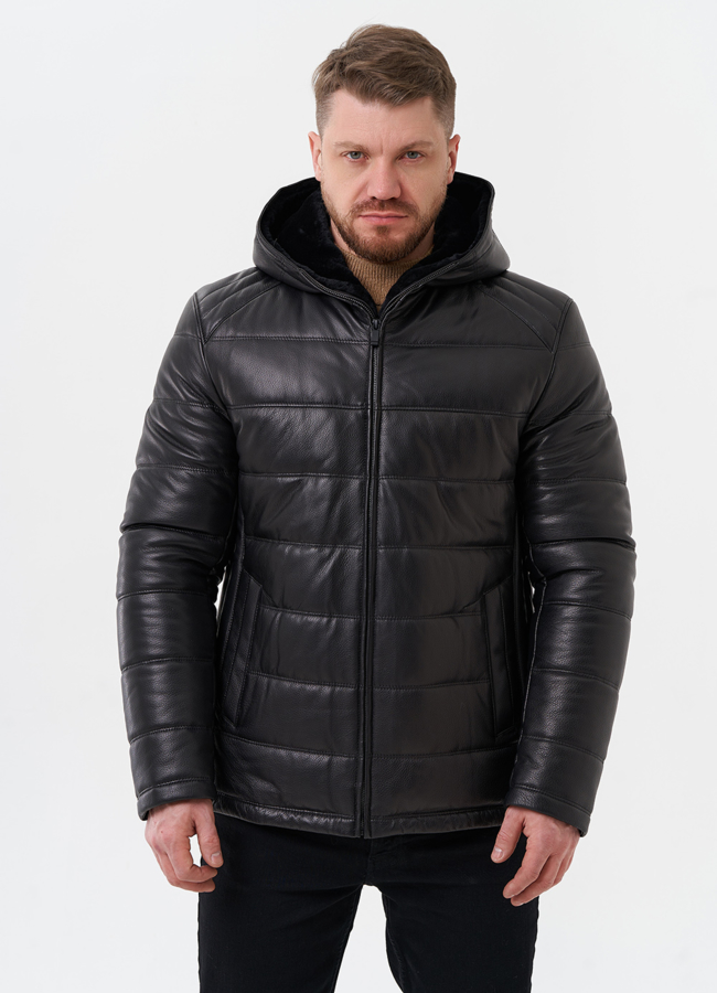 Пуховик из натуральной кожи с отделкой из мутона модель № 25453 меха малина