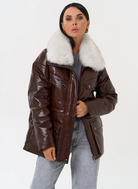 Коричневый кожаный пуховик