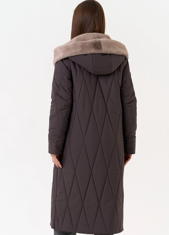 Женское пальто с капюшоном из эко меха модель № 31607 в рассрочку