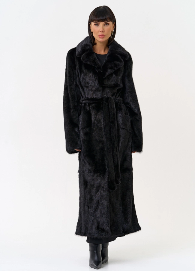 фото Длинная шуба из меха норки в черном цвете модель № 28080